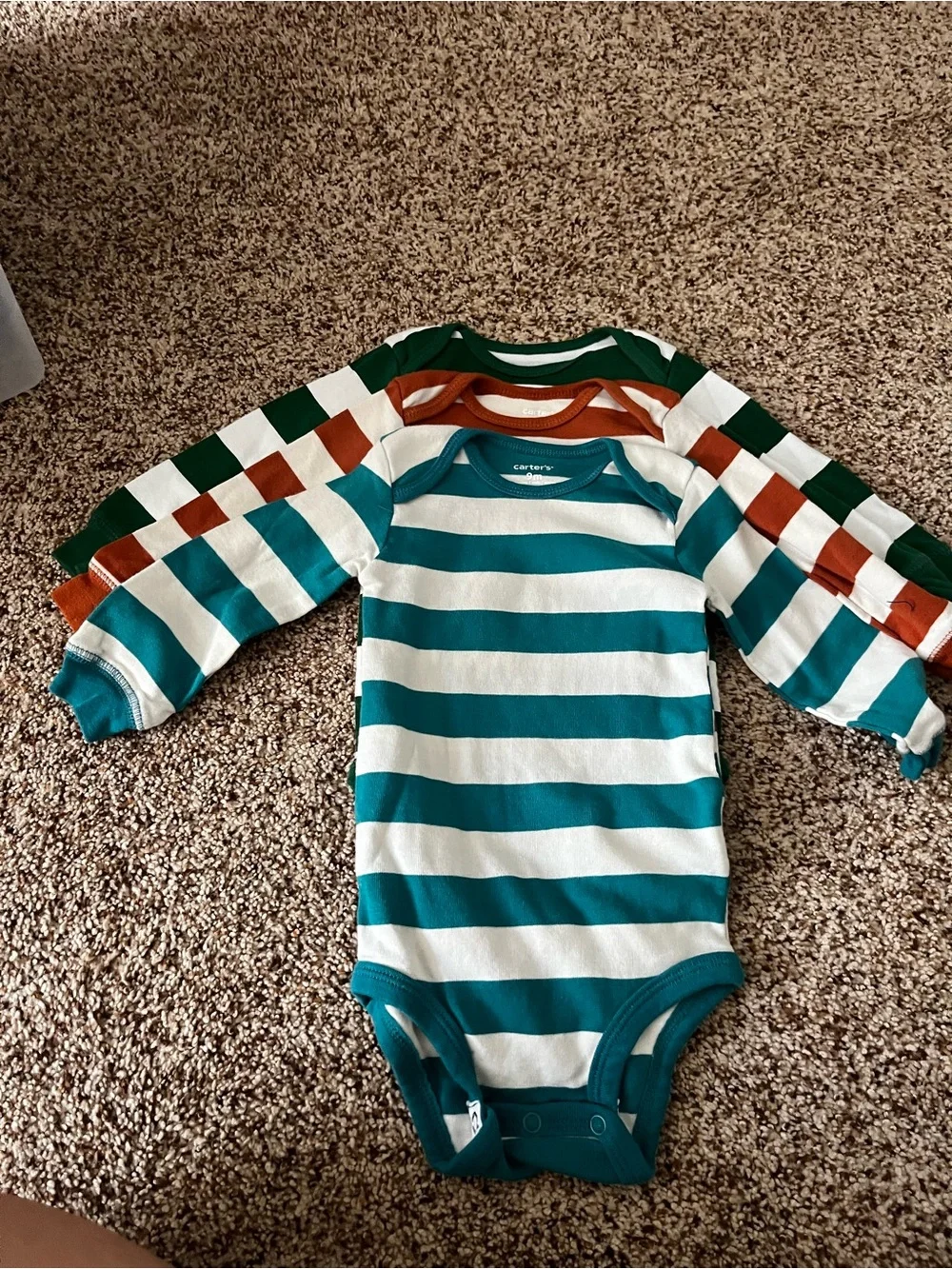 Carter's 9 monthsTeal, Rust & Green Striped Long-Sleeve Baby One-Pieces (3-Pack)